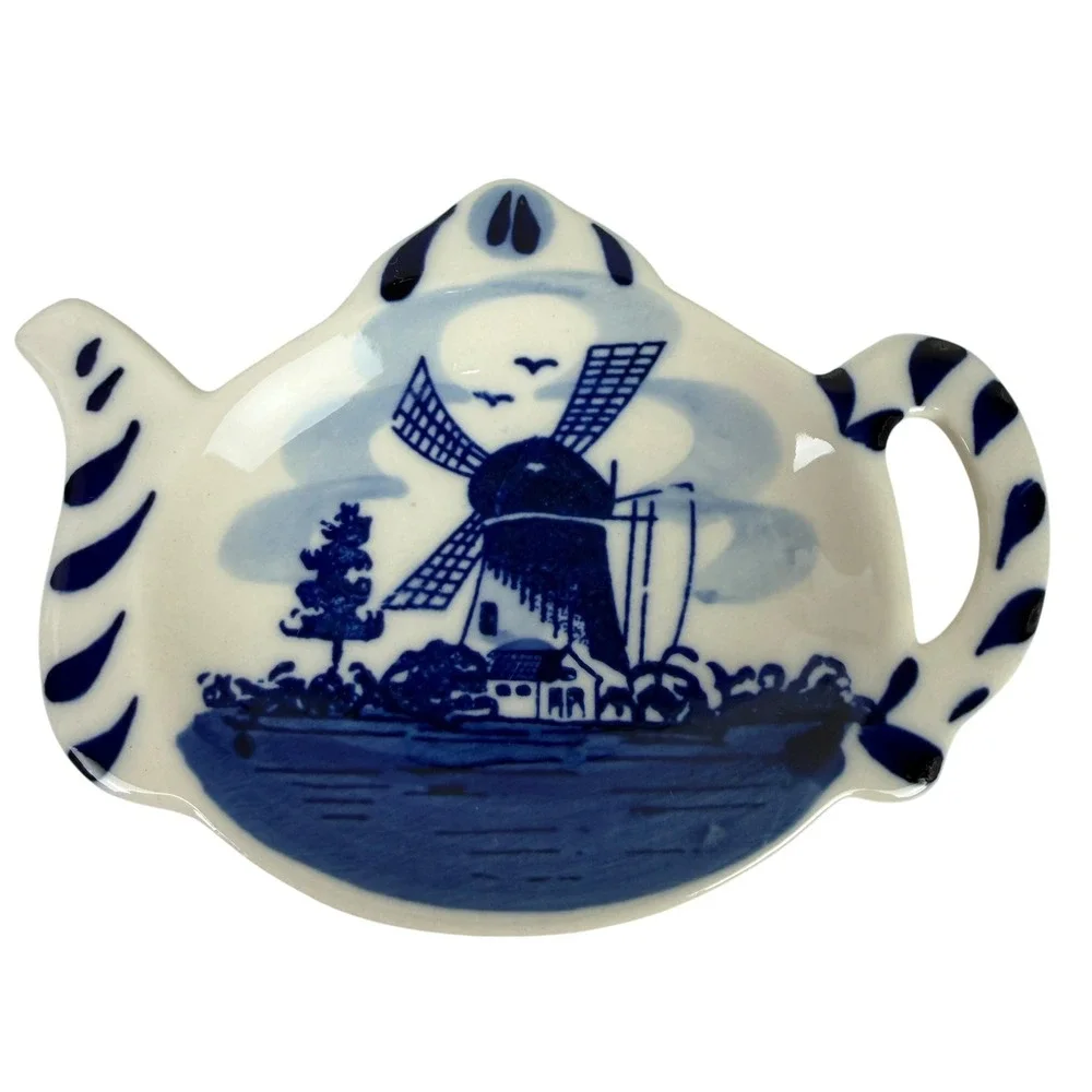 Delft Blue Handpainted Ceramic Teapot Tea Bag‎ Rests Windmill Set of 2